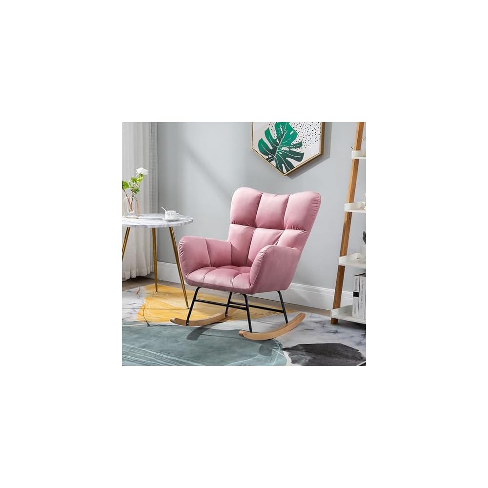 Nordic Rocking Chair Single Sofa Fireside Rocking Chair Patchwork Fabric Lounge Wing Back Chair with Solid Wood Legs Cotton and Linen Leisure Chairs for Living Rooms bedr