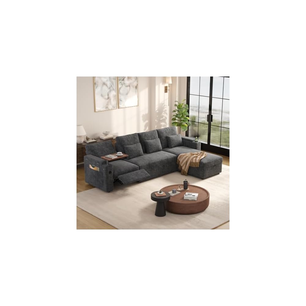 107.8'' Sleeper Sofa Bed, Chenille Gray Pull Out Couch with Storage Chaise