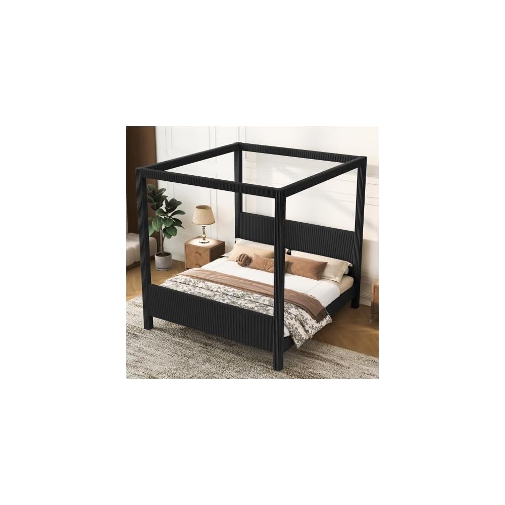 Queen Size Upholstery Canopy Platform Bed, with Headboard and Footboard, Vertical Ribbed Corduroy Design, Black