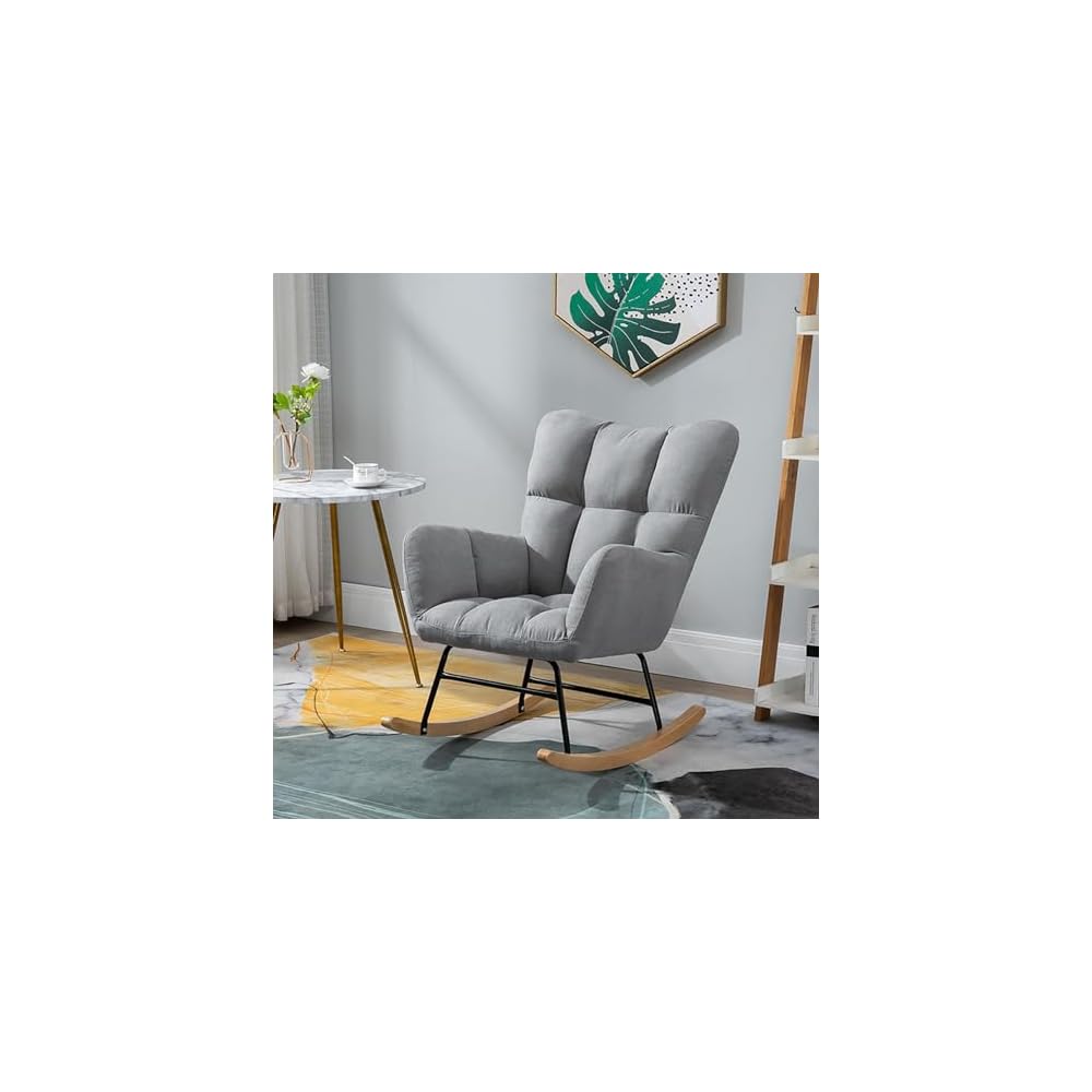 Nordic Rocking Chair Single Sofa Fireside Rocking Chair Patchwork Fabric Lounge Wing Back Chair with Solid Wood Legs Cotton and Linen Leisure Chairs for Living Rooms bedr