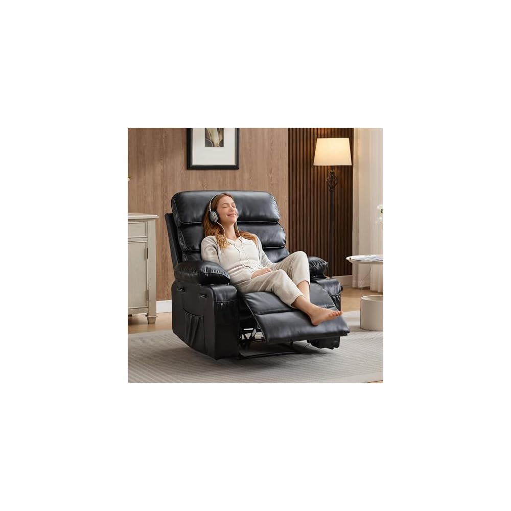 Extra Wide PU Leather Manual Recliner Chair for Adults with Massage & Heat, Oversized Lazy Lounge Chair with 1.5× Thickened Sponge Armrests & Backrest for Ultimate Comfort in Living Room or Bedroom