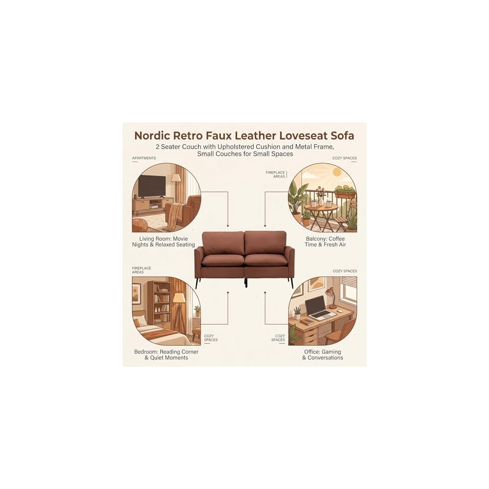 Brown Loveseat Sofa, 55.91" 2 Seater Couch, Faux Leather Love Seat for Living Room, Loveseat Sofa Couch for Small Spaces, Love Seat Couch Metal Frame for Bedroom Office Apartment
