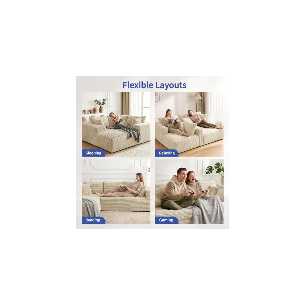Camel Oversized Sectional Boneless Couches with Ottoman. Left Face Chaise