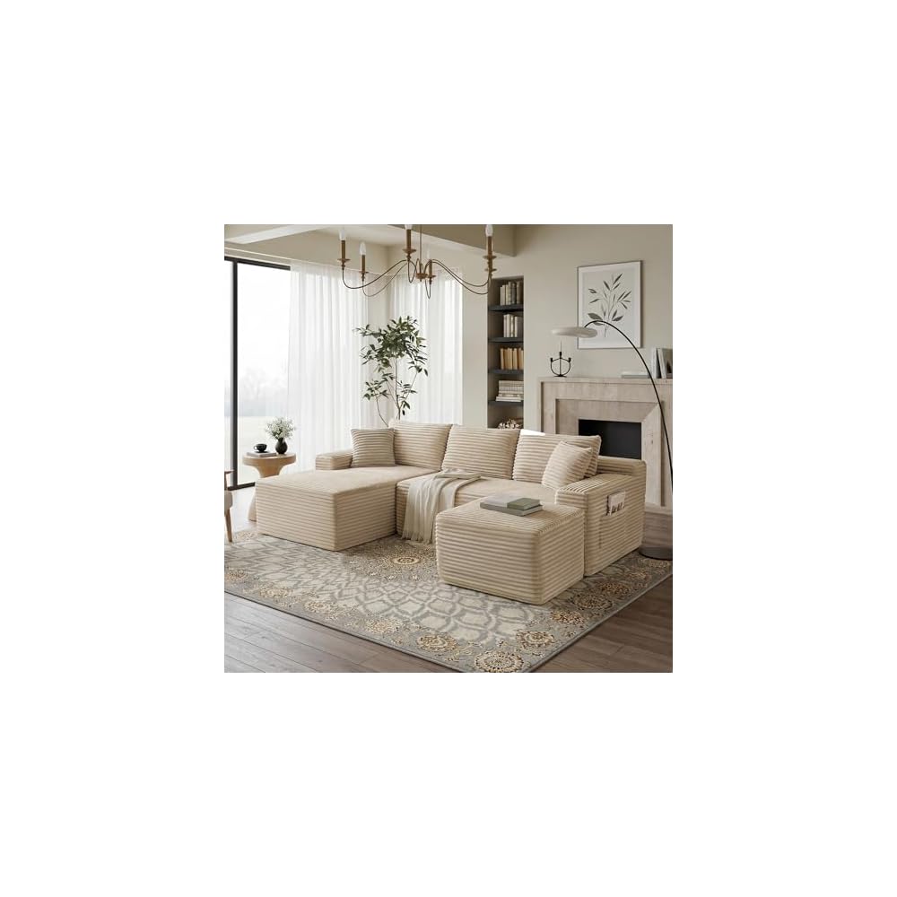 Camel Oversized Sectional Boneless Couches with Ottoman. Left Face Chaise