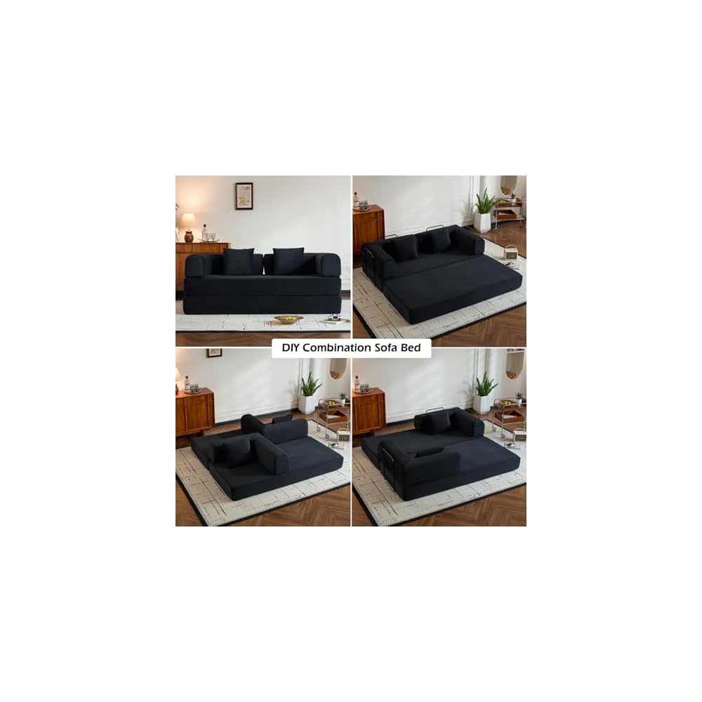 Convertible Sleeper Sofa Bed with Fixed-Shape Frame, Modern Corduroy Folding Boneless Couch with 2 Pillows, Comfy Floor Sofa Couch for Living Room, No Assembly Required, Black