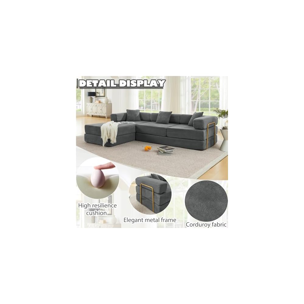 ivoros 108" Modular Sectional Sofa,Futon Convertible Sofa Bed,Oversized Corduroy Boneless Couch for Living Room,Floor Loveseat Sleeper with Pull Out Bed,Free Combination,No Assembly Required (Grey)