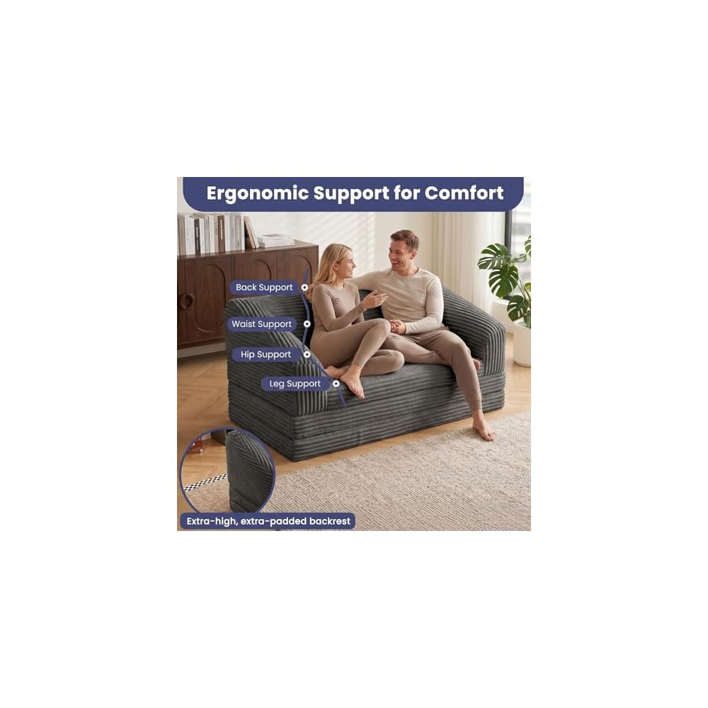 JUIKURY Convertible Sofa Bed, 3-in-1 Foldable Loveseat Couch with Armrest, Corduroy Floor Sofa & Sleeper Bed, No Assembly High-Density Foam Futon Mattress for Living Room, Small Apartment, Dorm