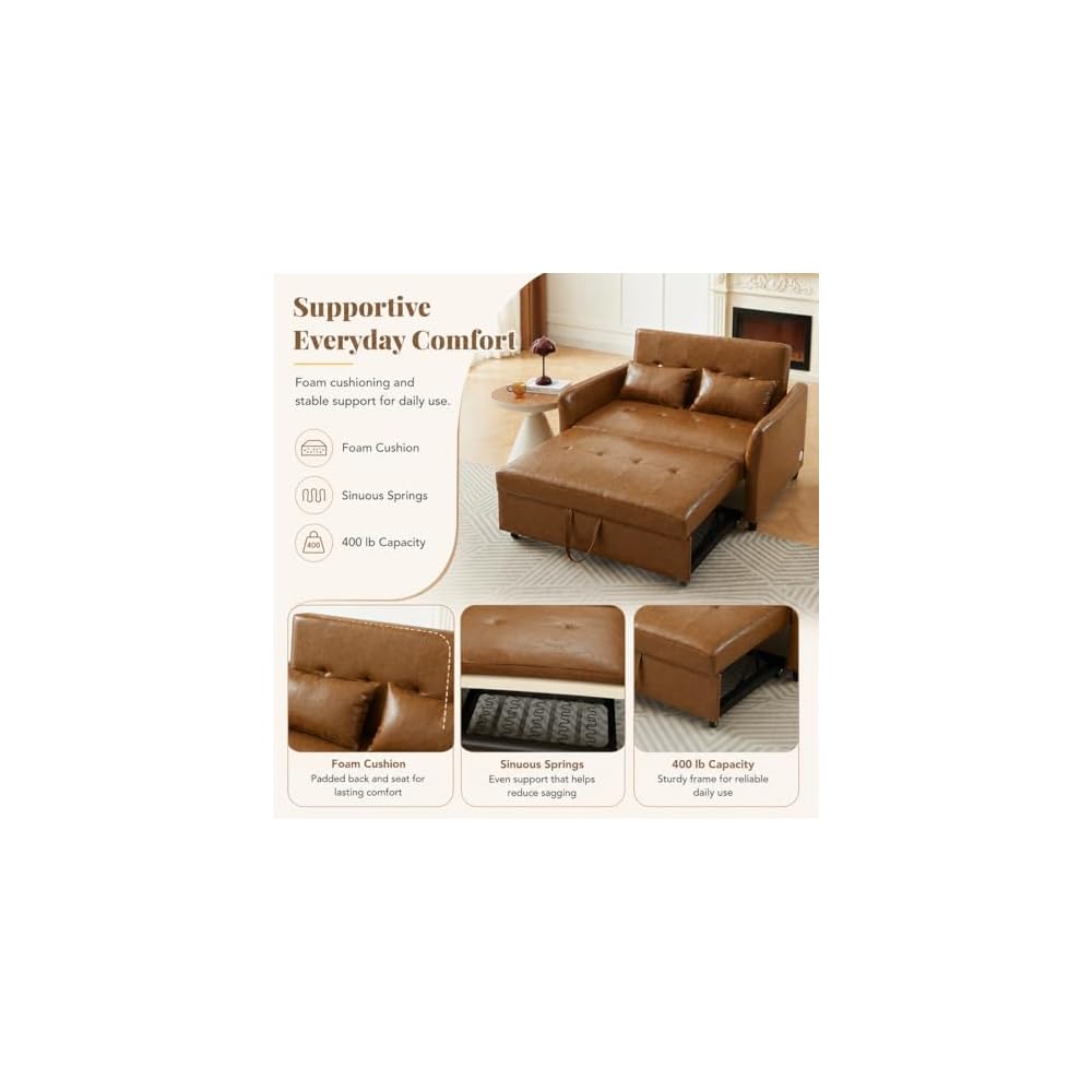 PU Leather Sofa Bed - 51.57" Brown Convertible Loveseat Sleeper Sofa with Pull-Out Couch Bed, 3 USB Charging Ports, Compact Faux Leather Couch for Living Room, Bedroom, Apartment