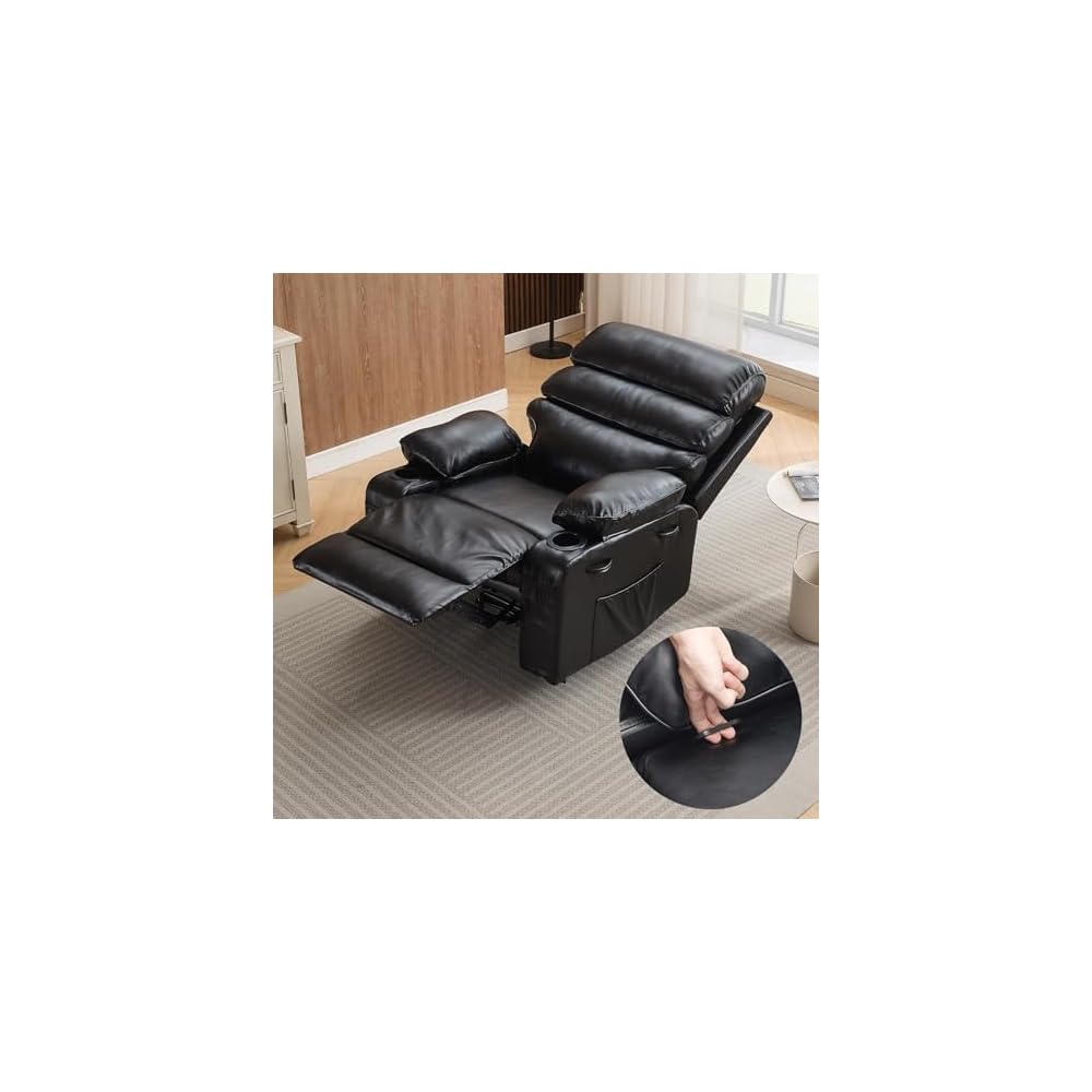 Extra Wide PU Leather Manual Recliner Chair for Adults with Massage & Heat, Oversized Lazy Lounge Chair with 1.5× Thickened Sponge Armrests & Backrest for Ultimate Comfort in Living Room or Bedroom