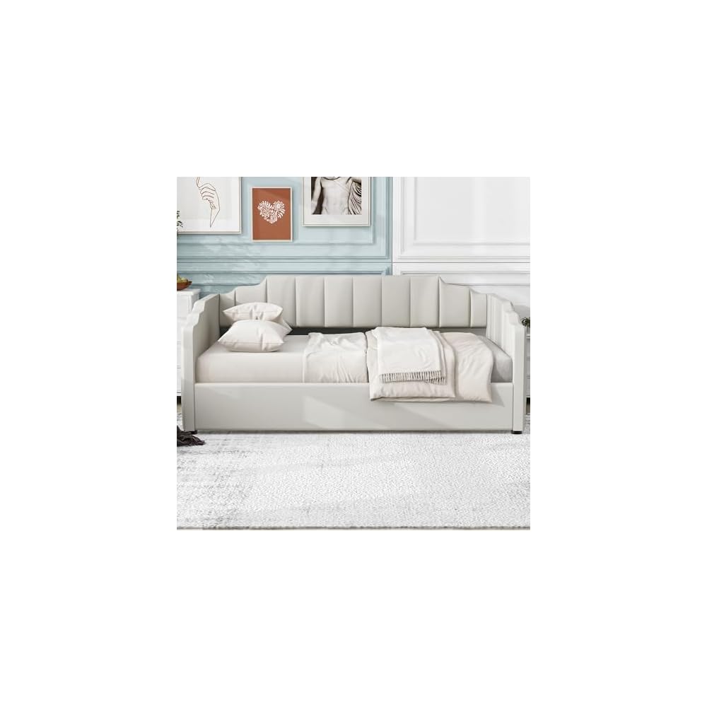 Full Size Daybed, Upholstered Full Daybed Frame with Underneath Storage, Sofa Bed for Bedroom/Living Room, Beige