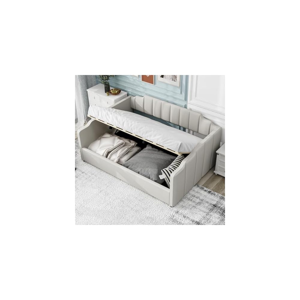 Full Size Daybed, Upholstered Full Daybed Frame with Underneath Storage, Sofa Bed for Bedroom/Living Room, Beige