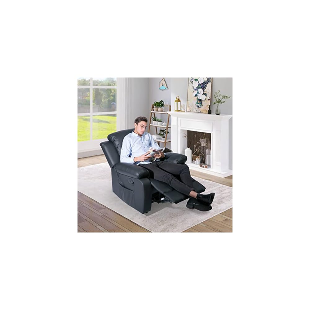 Power Recliner Chair with Massage and Heat PU Leather Electric Chair 8 Point Massage Lumbar Heat Ergonomic Recliner Sofa (Black)