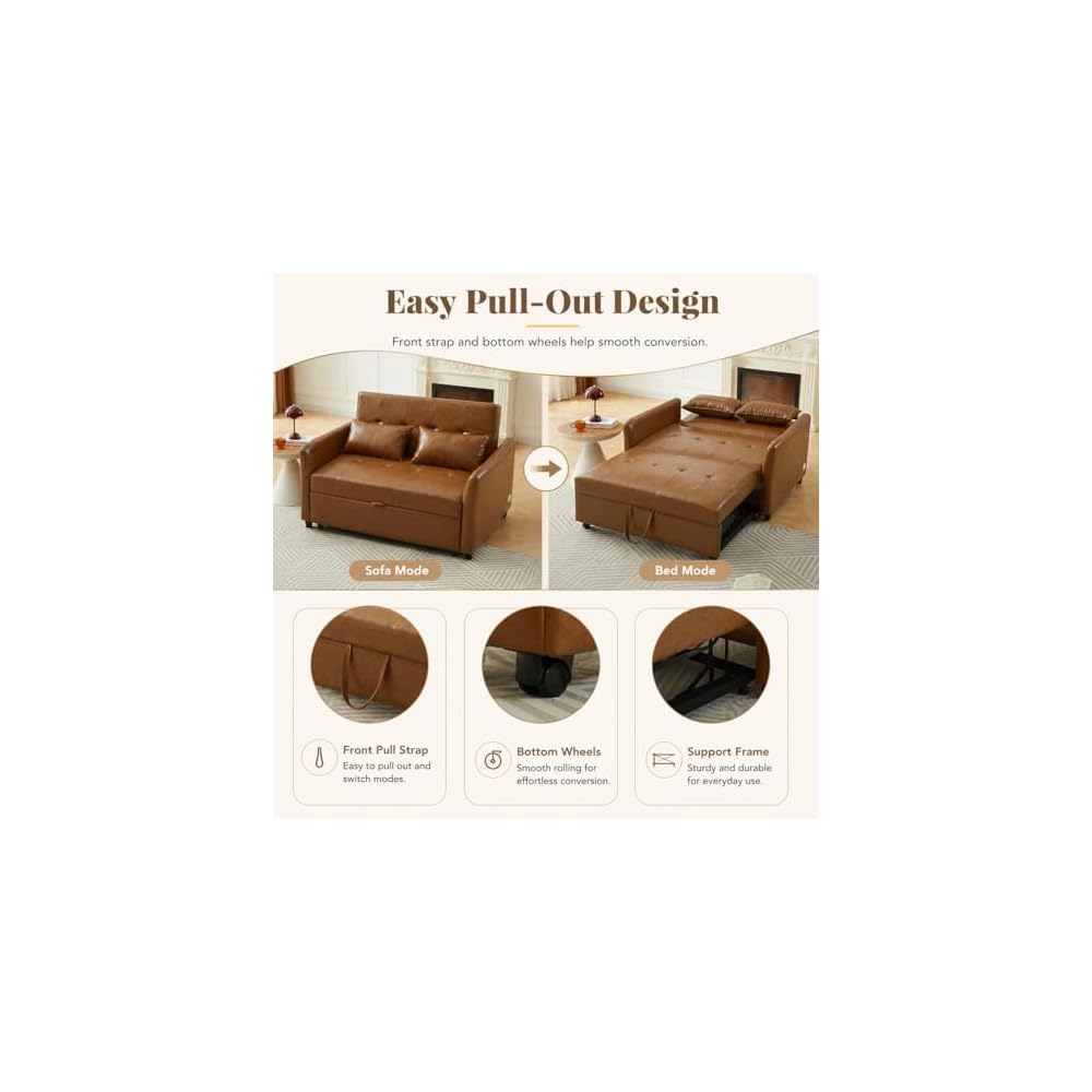 PU Leather Sofa Bed - 51.57" Brown Convertible Loveseat Sleeper Sofa with Pull-Out Couch Bed, 3 USB Charging Ports, Compact Faux Leather Couch for Living Room, Bedroom, Apartment