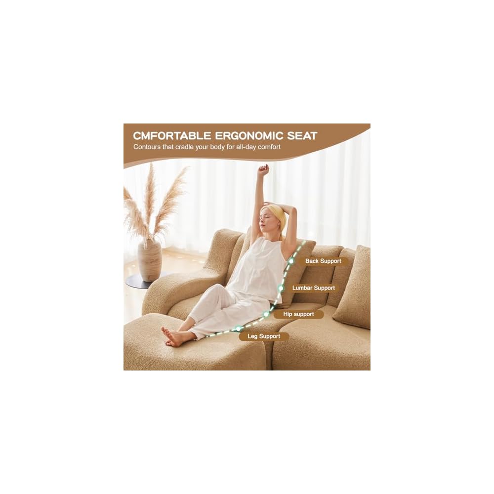 Three-Seat Boneless Sofa Teddy Fabric, No Assembly Required, Ergonomic Design, Camel