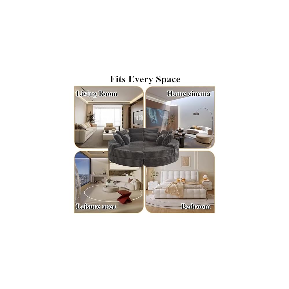 78.5" Boneless Corduroy Round Oversized Recliner, Converts into Two Recliners, 2-in-1 Sofa Bed, Neck Pillow Design with 5 Throw Pillows (Black, 78.5")