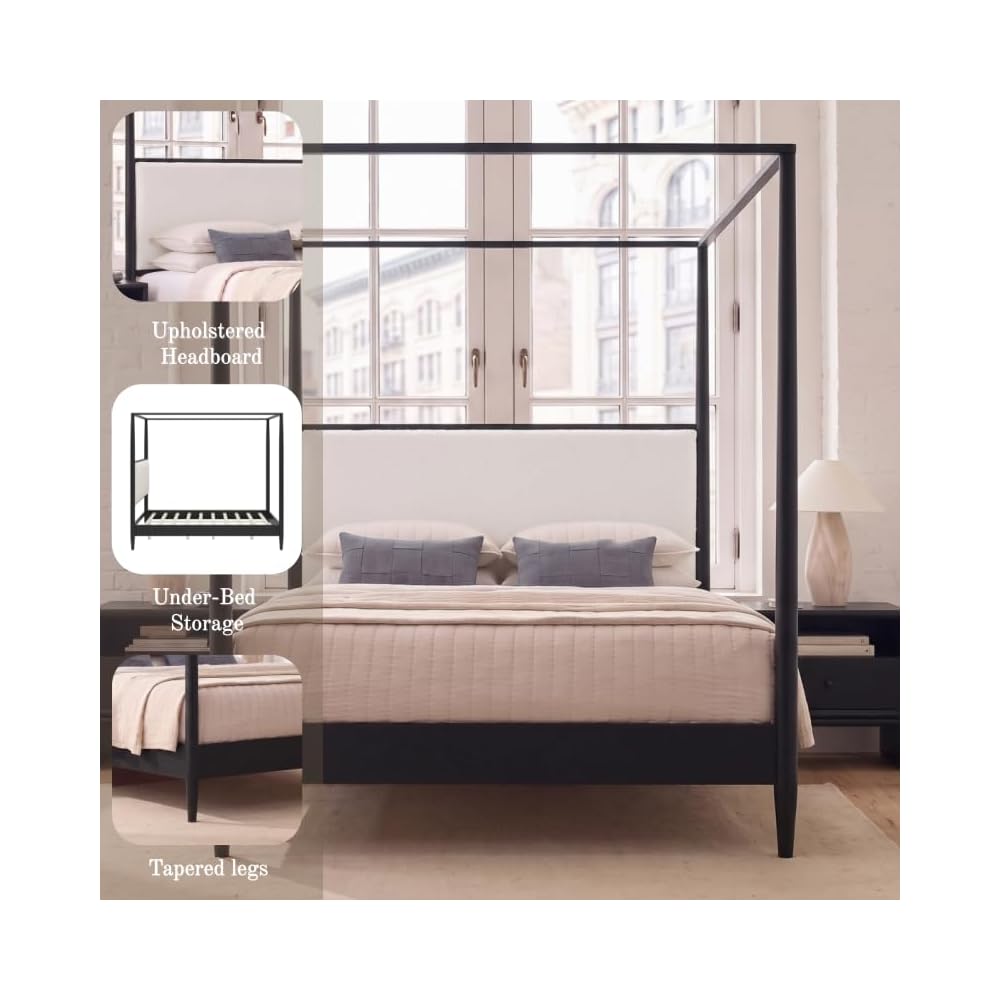 Merax King Canopy Bed with Boucle Headboard ＆ Tapered Legs (Black)