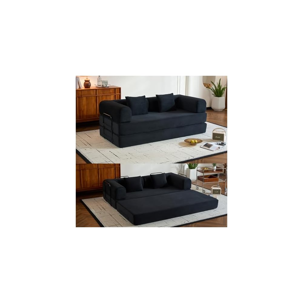 Convertible Sleeper Sofa Bed with Fixed-Shape Frame, Modern Corduroy Folding Boneless Couch with 2 Pillows, Comfy Floor Sofa Couch for Living Room, No Assembly Required, Black