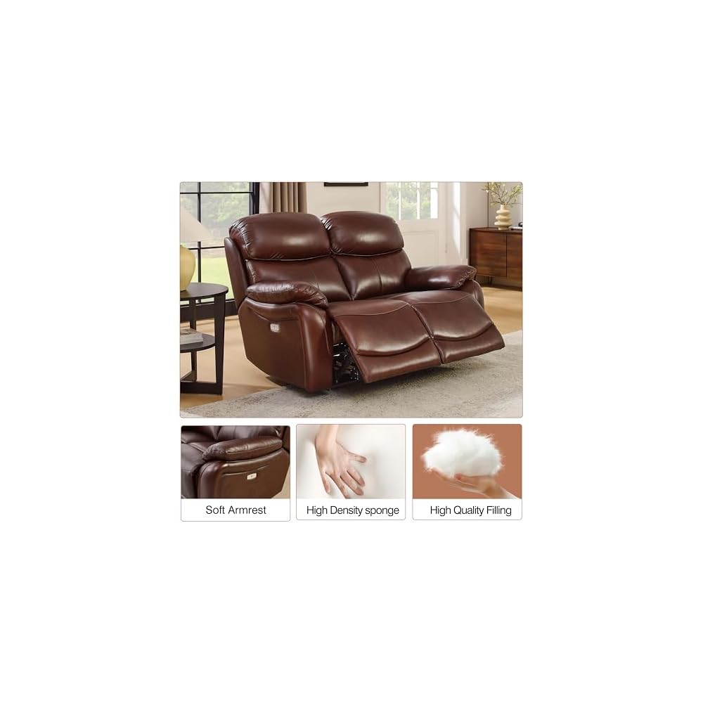 Brown Top Grain Leather Power Recliner Sofa Loveseat Set with USB Port.