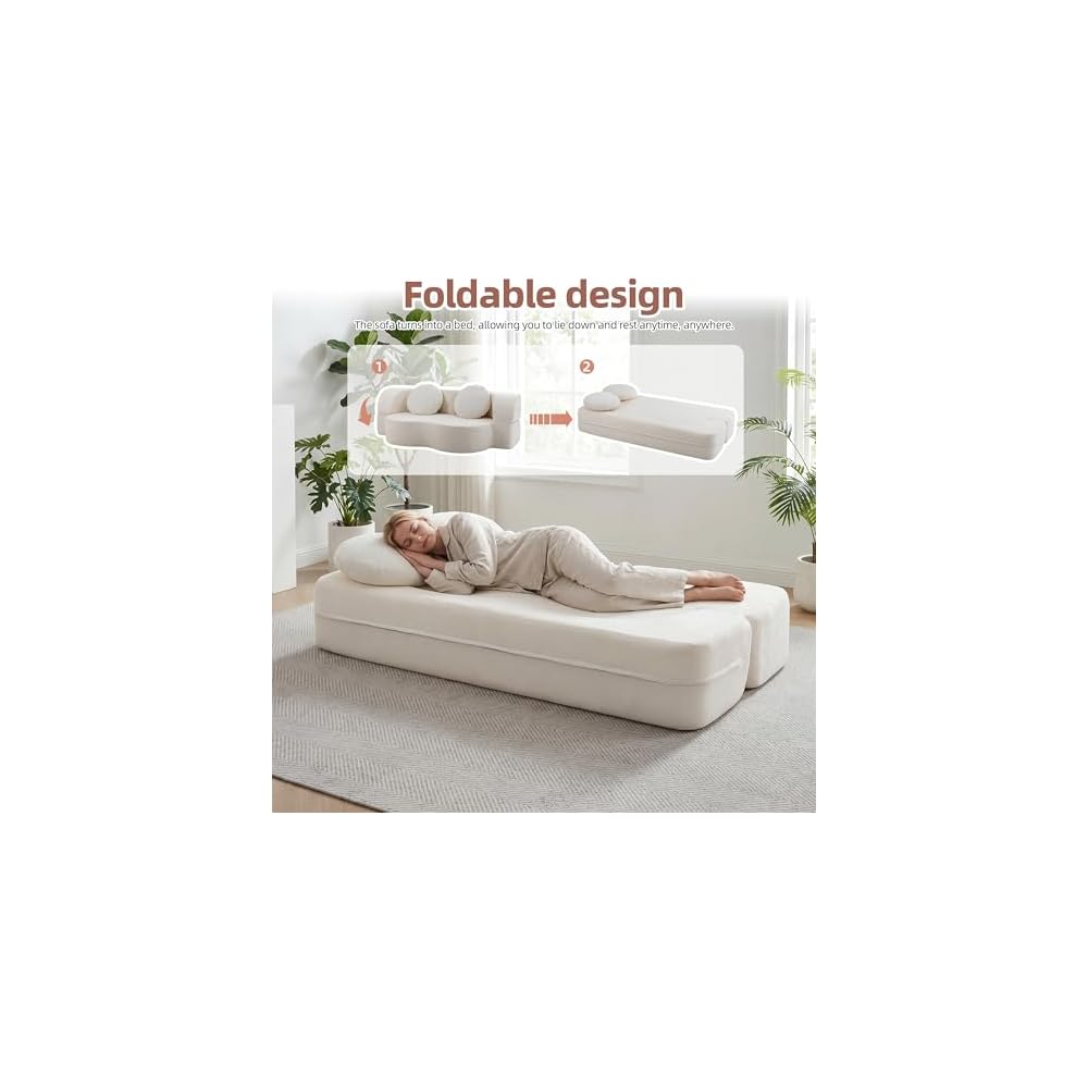 Nuturelly 78" Floor Sofa Bed, Convertible Couch, No Assembly, White