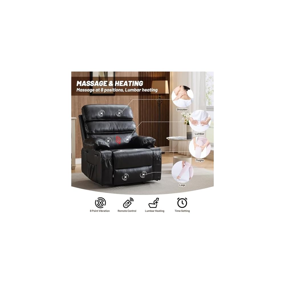 Extra Wide PU Leather Manual Recliner Chair for Adults with Massage & Heat, Oversized Lazy Lounge Chair with 1.5× Thickened Sponge Armrests & Backrest for Ultimate Comfort in Living Room or Bedroom
