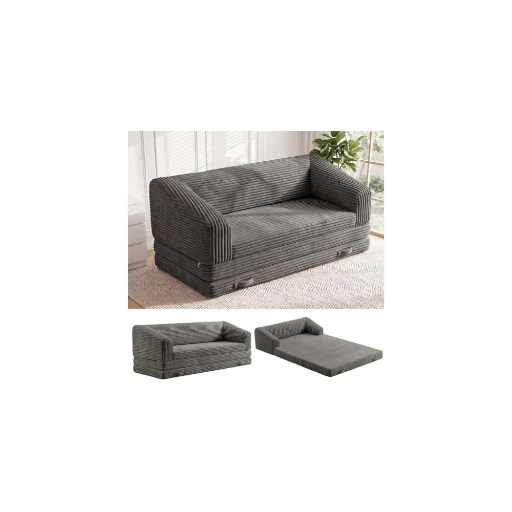 JUIKURY Convertible Sofa Bed, 3-in-1 Foldable Loveseat Couch with Armrest, Corduroy Floor Sofa & Sleeper Bed, No Assembly High-Density Foam Futon Mattress for Living Room, Small Apartment, Dorm