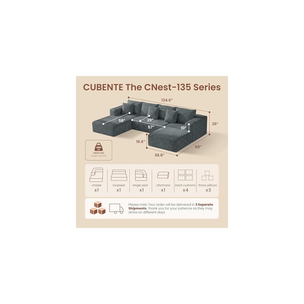 135" Oversized Boneless Couch, All Foam Modular Sectional Couch