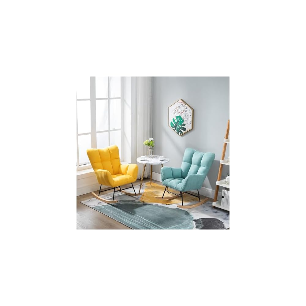 Nordic Rocking Chair Single Sofa Fireside Rocking Chair Patchwork Fabric Lounge Wing Back Chair with Solid Wood Legs Cotton and Linen Leisure Chairs for Living Rooms bedr