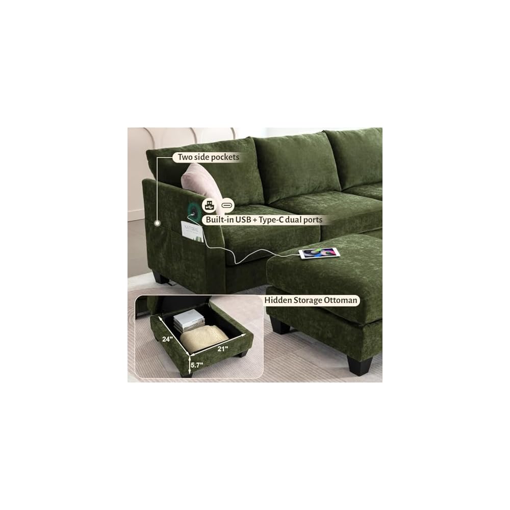 124" U Shaped 7 Seater Sectional Couch with Cup Holders