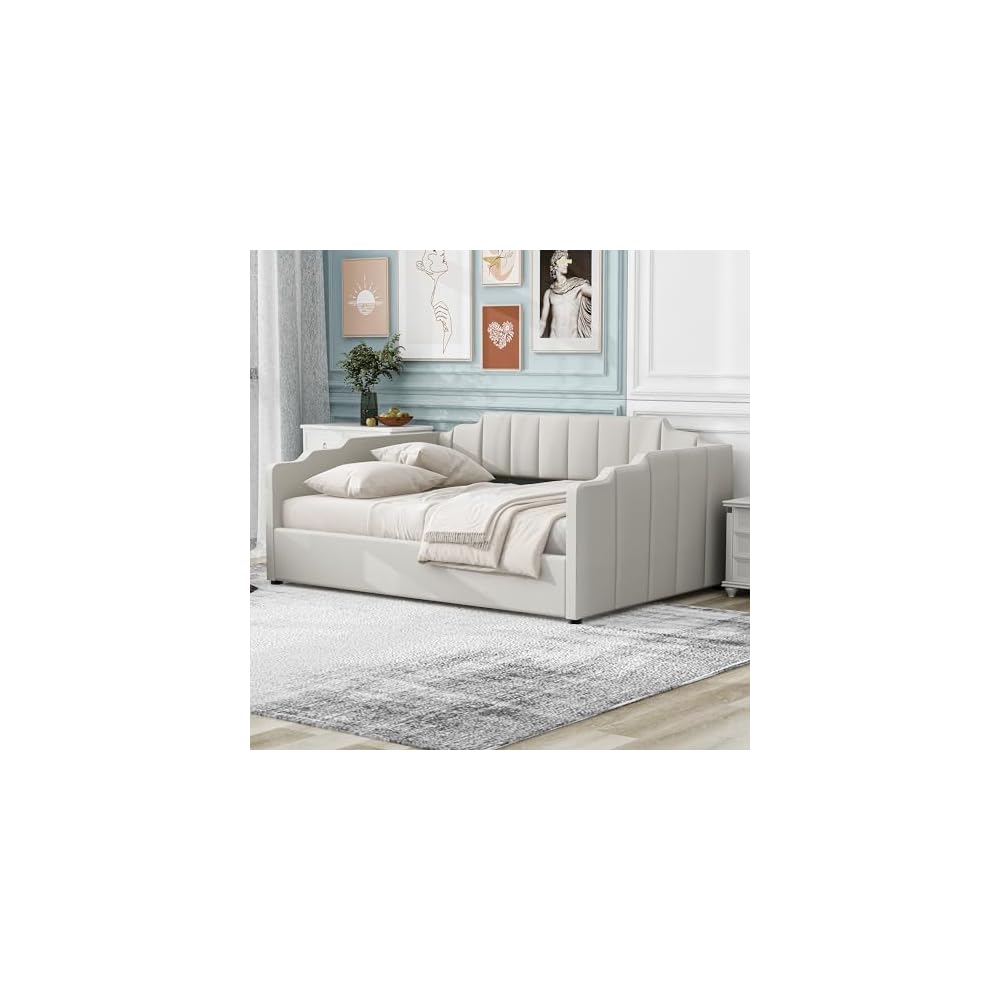 Full Size Daybed, Upholstered Full Daybed Frame with Underneath Storage, Sofa Bed for Bedroom/Living Room, Beige