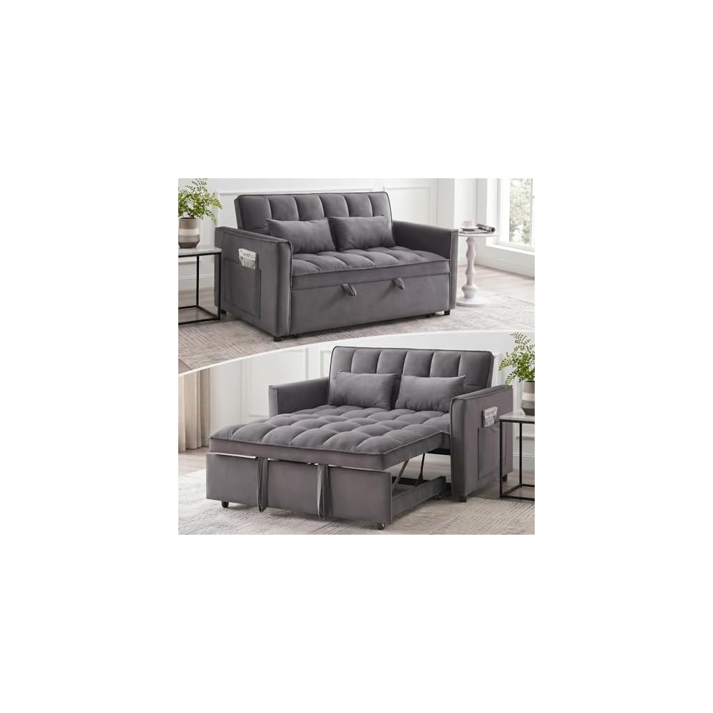 Sleeper Sofa 54", Velvet Convertible Sofa Bed, Gray