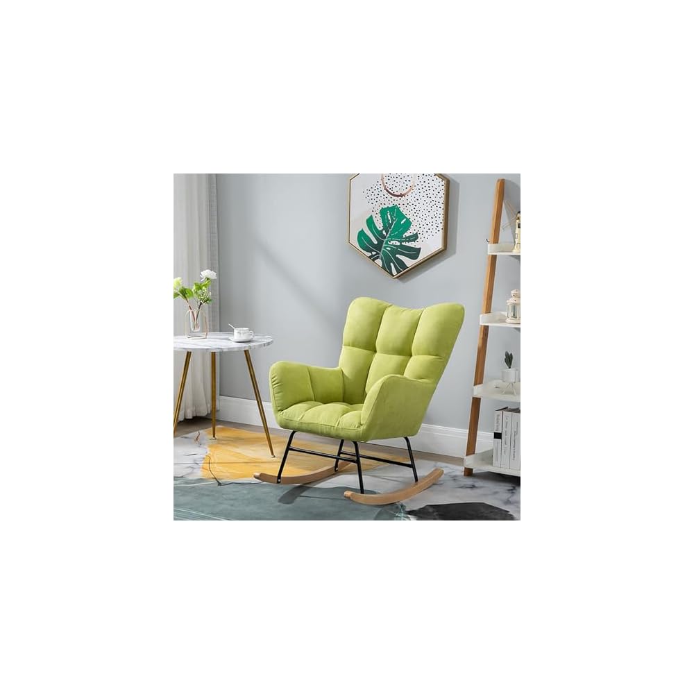 Nordic Rocking Chair Single Sofa Fireside Rocking Chair Patchwork Fabric Lounge Wing Back Chair with Solid Wood Legs Cotton and Linen Leisure Chairs for Living Rooms bedr