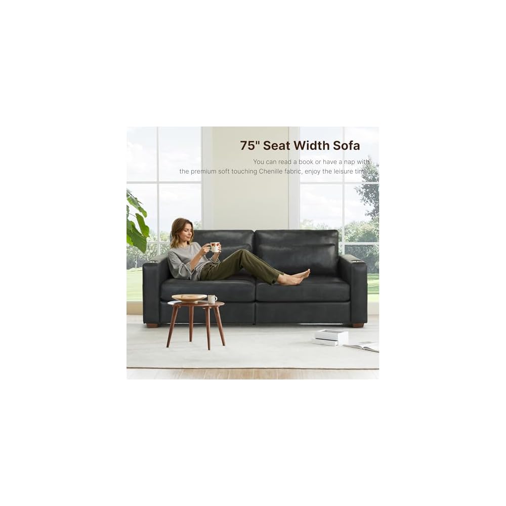KISLOT 89" Sofa Couch for Living Room Faux Leather Upholstered Couch with Deep Seats and Wide Armrests 3 Seater Comfy Sofa with Cup Holders, USB & Type-C Ports, Spring Cushion, Solid Wood Frame Black