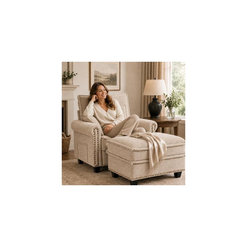 42-inch Nailhead Trim Sofa with Ottoman, Modern Corduroy Small Couch with Rolled Arms, Single Sofa Chaise Lounge for Living Room, Bedroom, Farmhouse Decor (Cofefe)
