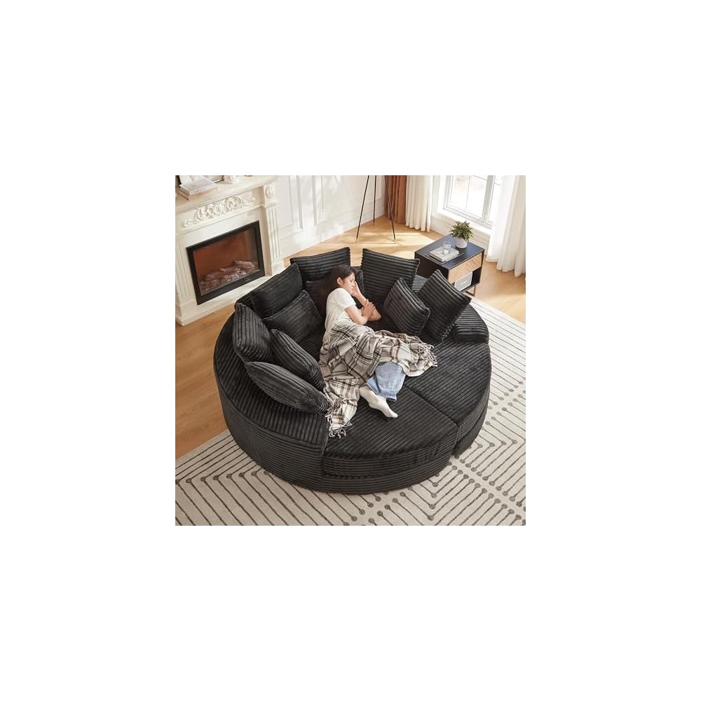 78.5" Boneless Corduroy Round Oversized Recliner, Converts into Two Recliners, 2-in-1 Sofa Bed, Neck Pillow Design with 5 Throw Pillows (Black, 78.5")
