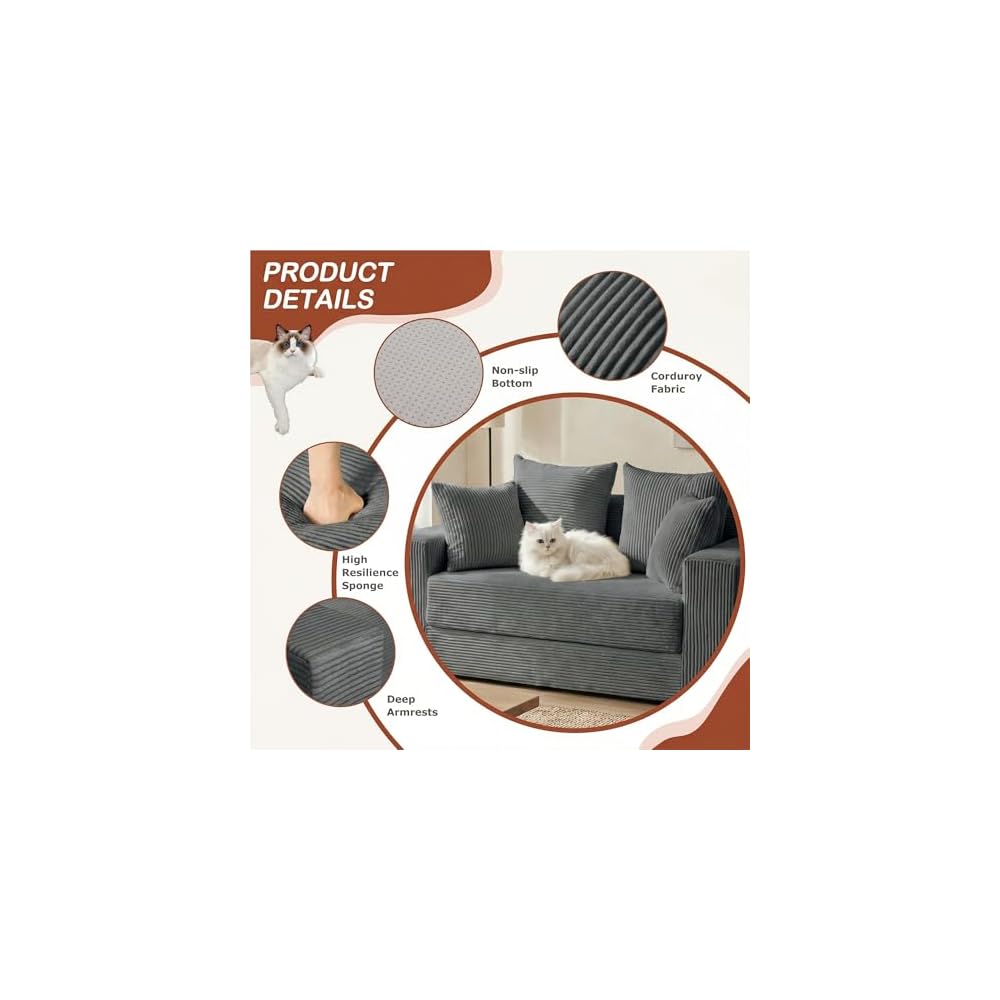 56" Boneless Couch, 5-in-1 Boneless Loveseat Sleeper Sofa Bed, Mini Convertible Pull Out Corduroy Futon Couch with Side Pockets & Handle, Folding Floor Sofa Bed with 4 Pillows for Small Space