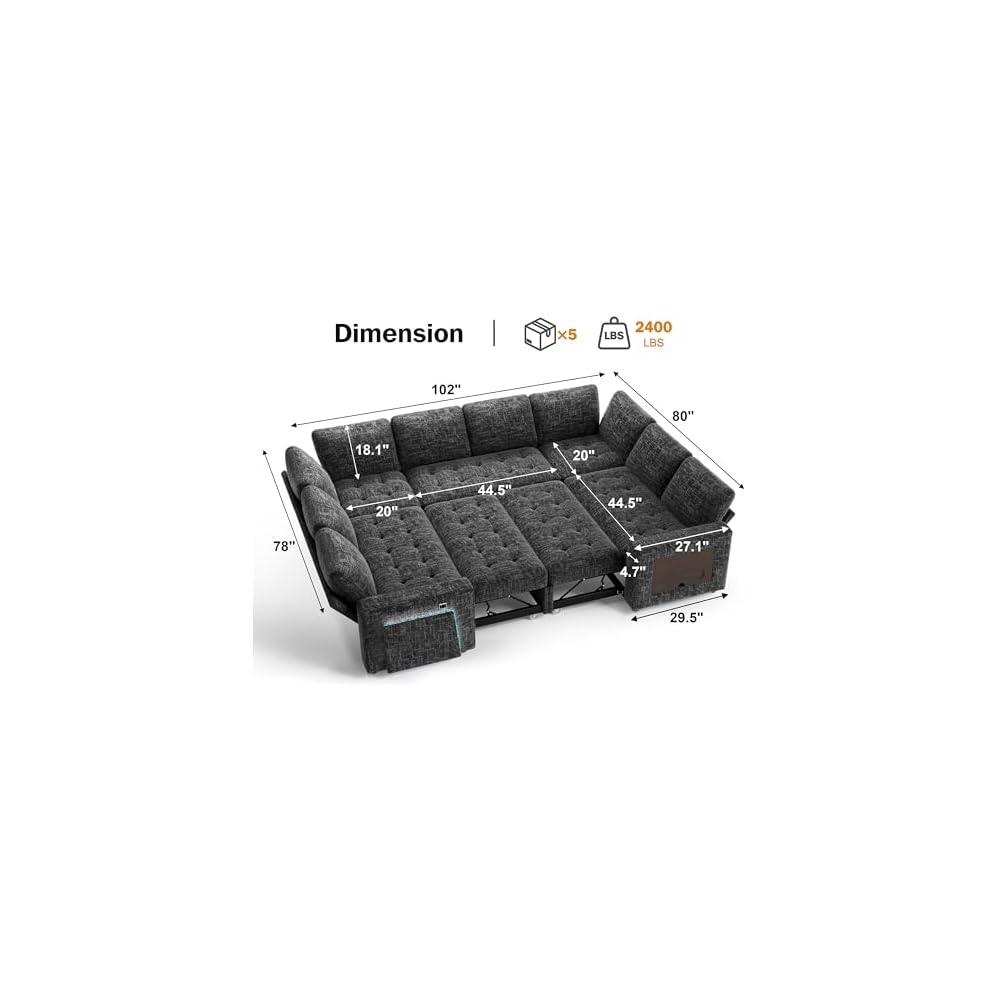 Vipbear 8 Seat U Shaped Modular Sectional Sleeper Sofa with Pull Out Bed/Reclining Backrest/USB Ports/Table/LED Light/Storage Seat, Sectional Sleeper Couch, Tool-Free Assembly, Chenille Black