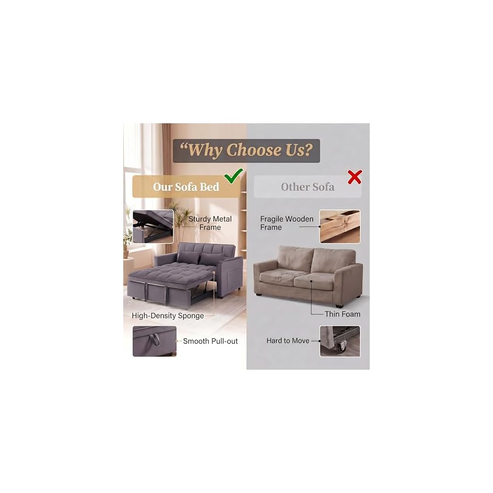 Sleeper Sofa 54", Velvet Convertible Sofa Bed, Gray