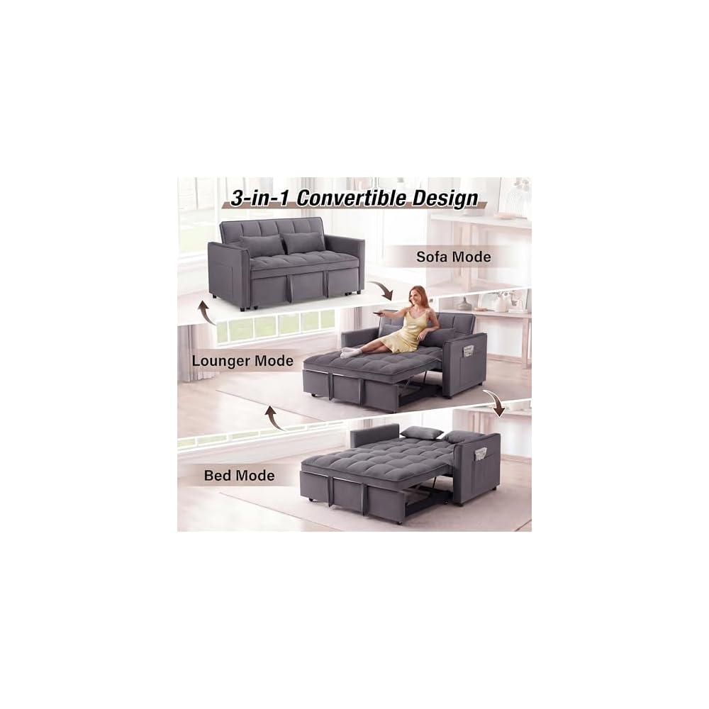 Sleeper Sofa 54", Velvet Convertible Sofa Bed, Gray