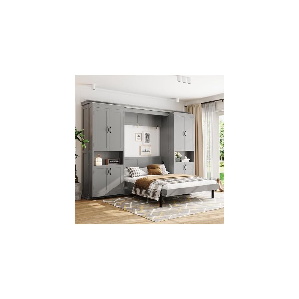 VilroCaz Modern Full Murphy Bed with Dual Sliding Doors Storage Cabinets, Wood Hidden Wall Bed with Dual 6-Tier Side Shelves, Large-Capacity& Space-Saving (Gray-12.9)