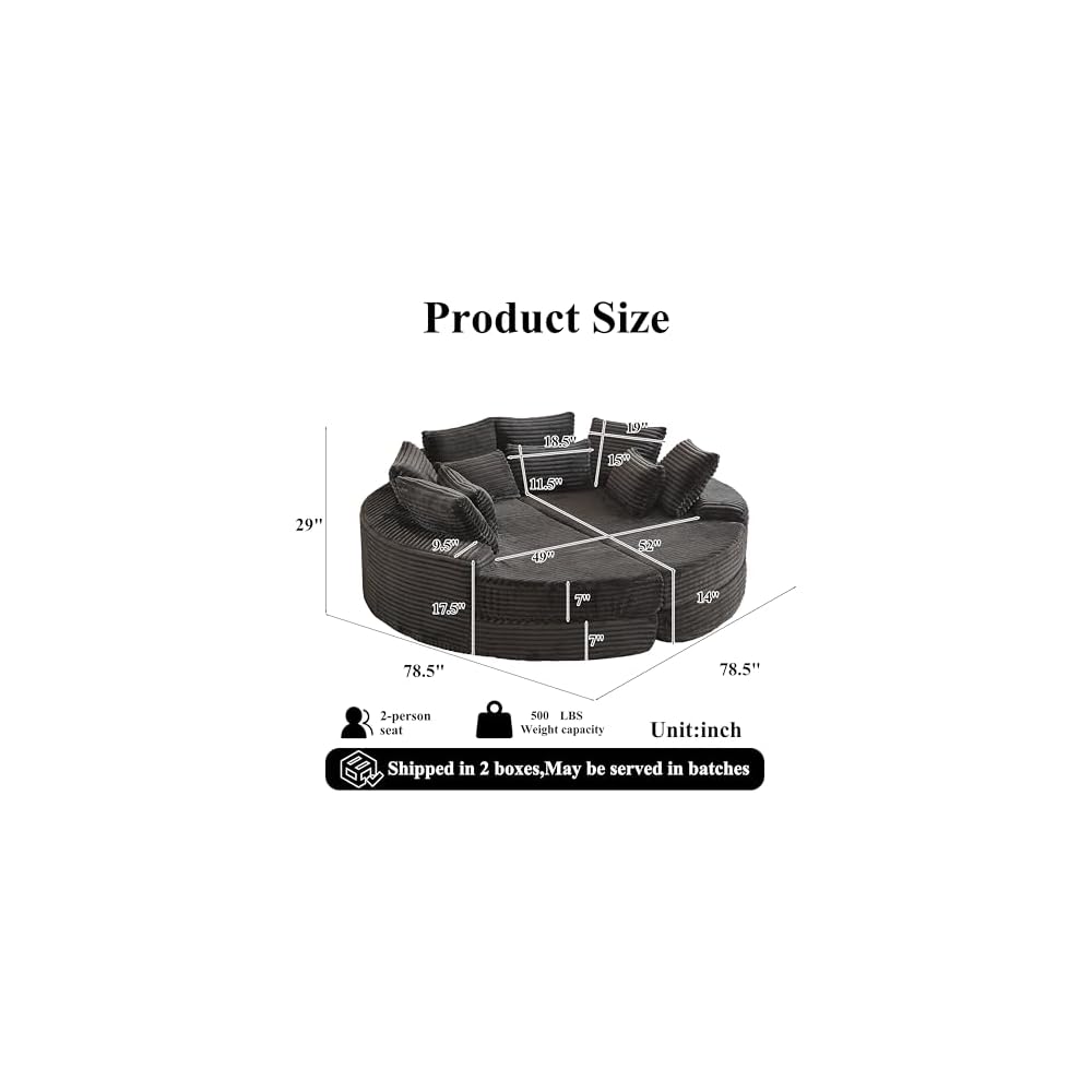 78.5" Boneless Corduroy Round Oversized Recliner, Converts into Two Recliners, 2-in-1 Sofa Bed, Neck Pillow Design with 5 Throw Pillows (Black, 78.5")