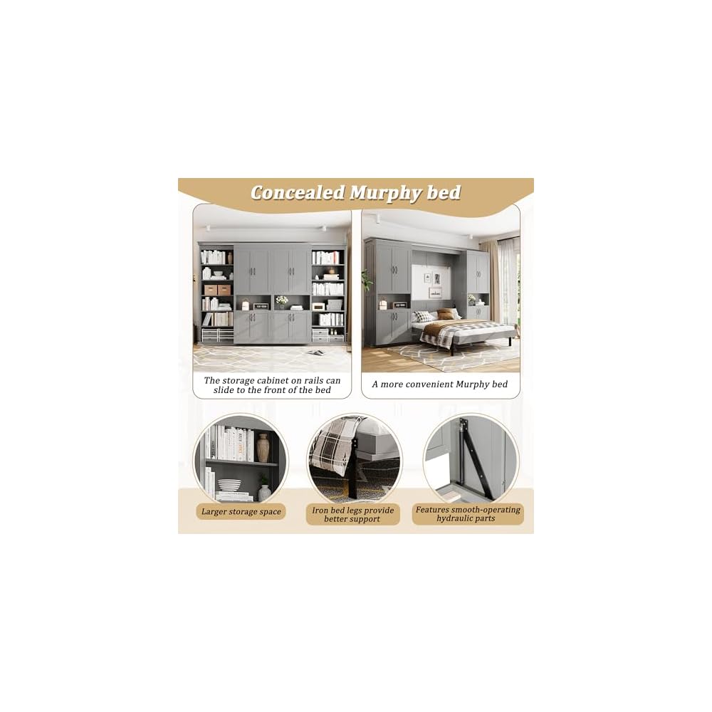 VilroCaz Modern Full Murphy Bed with Dual Sliding Doors Storage Cabinets, Wood Hidden Wall Bed with Dual 6-Tier Side Shelves, Large-Capacity& Space-Saving (Gray-12.9)
