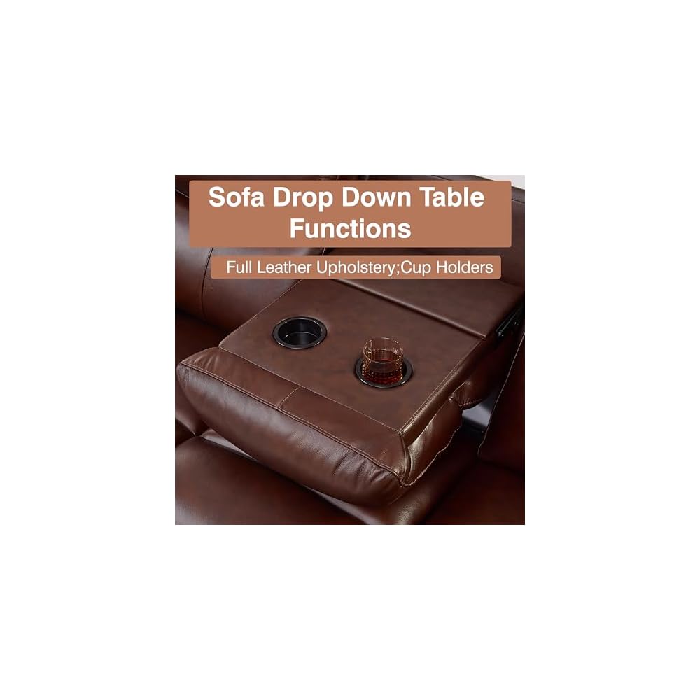 Brown Top Grain Leather Power Recliner Sofa Loveseat Set with USB Port.