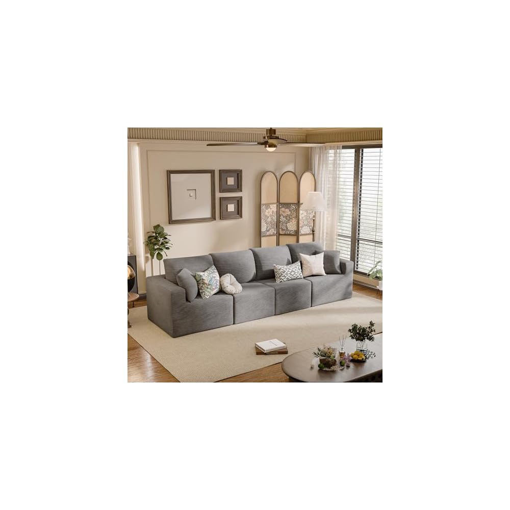 JUMMICO Boneless Couch with Deep Seat and Ottoman, Modular Sectional Sofa with Body Support, Corduroy Couches for Living Room, Apartments, Bedroom, No Assembly Required (Gray, Four Seater)