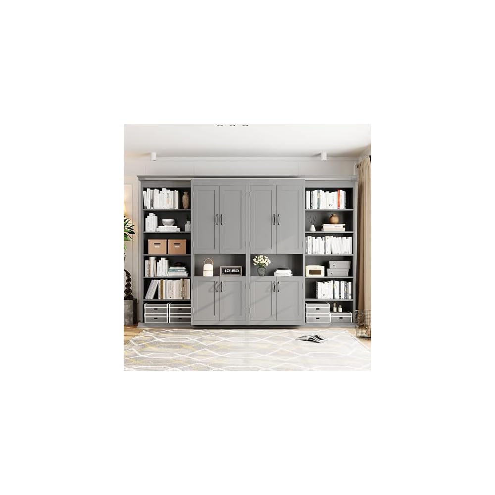 VilroCaz Modern Full Murphy Bed with Dual Sliding Doors Storage Cabinets, Wood Hidden Wall Bed with Dual 6-Tier Side Shelves, Large-Capacity& Space-Saving (Gray-12.9)