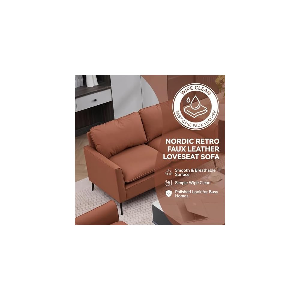 Brown Loveseat Sofa, 55.91" 2 Seater Couch, Faux Leather Love Seat for Living Room, Loveseat Sofa Couch for Small Spaces, Love Seat Couch Metal Frame for Bedroom Office Apartment