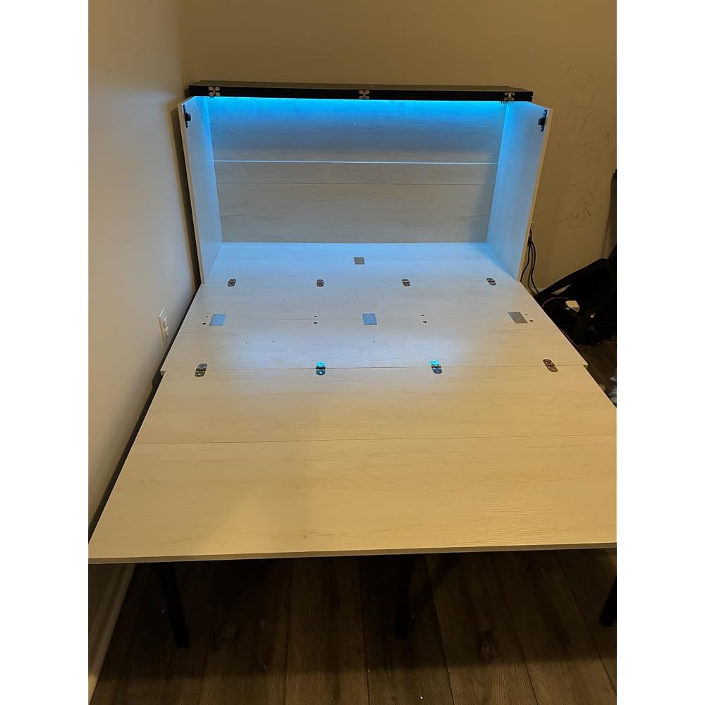 Ihanherry Farmhouse Queen Murphy Bed with Storage Drawer,Cabinet Bed with LED Lights & Charging Station, Space Saving Wall Bed for Small Bedroom/Home Office, Noise Free & Easy Assembly, Black