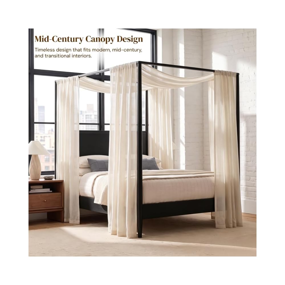 Merax King Canopy Bed with Boucle Headboard ＆ Tapered Legs (Black)