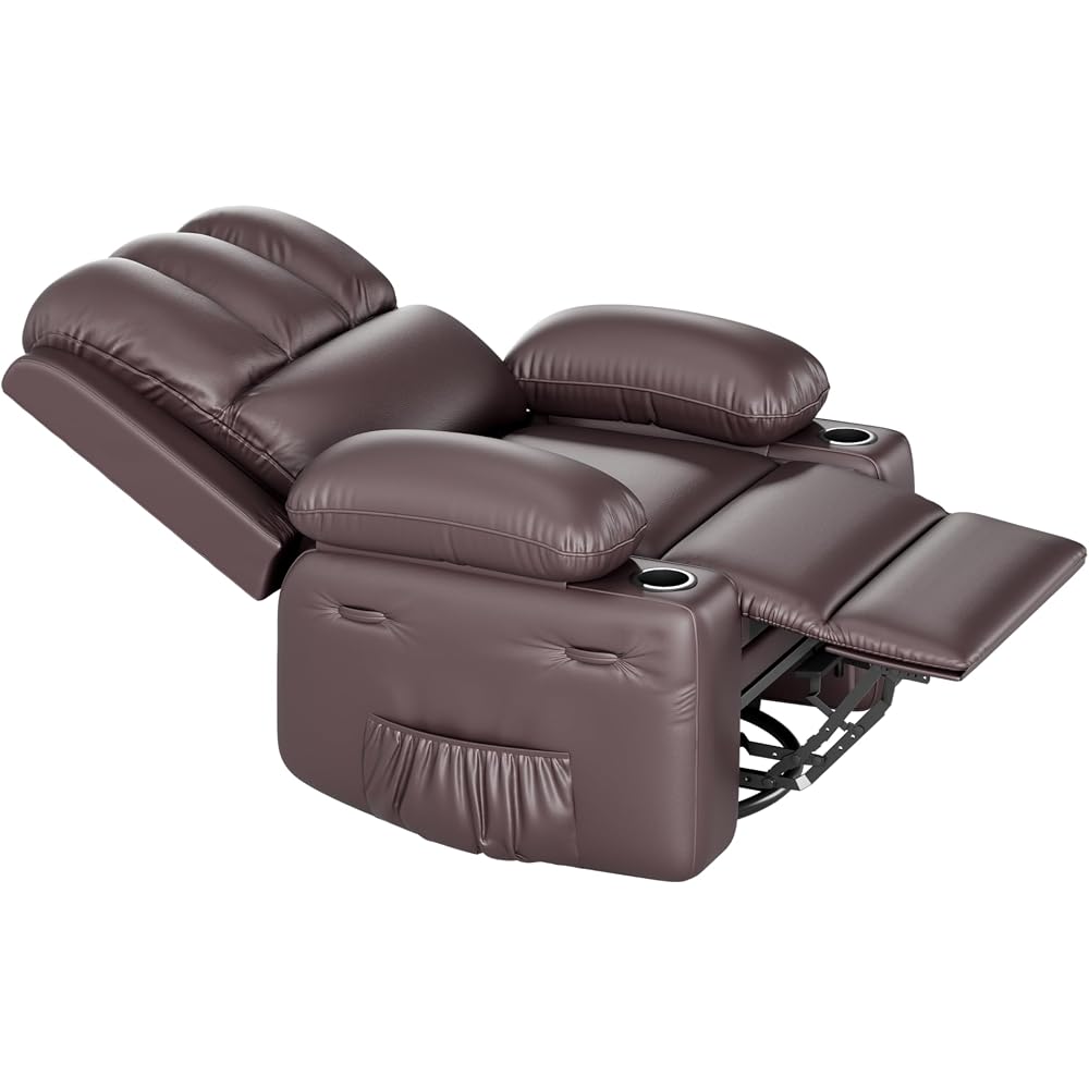 GarveeHome Leather Recliner Chair, Manual Recliner w/Comfortable Arms and Cup Holders for Living Room CF8011 - Brown, Medium