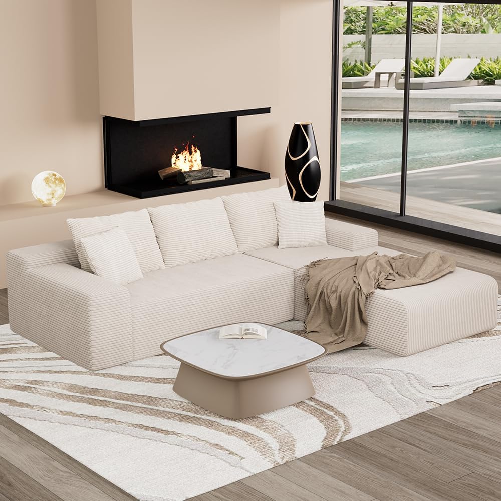 96" L Shaped Modular Sectional Sofa, Boneless Cloud Couch with Deep Seat Chaise, Compressed Memory Foam Corduroy Sofa, No Assembly, 3 Seater Couch for Living Room, Apartment, Bedroom, Beige
