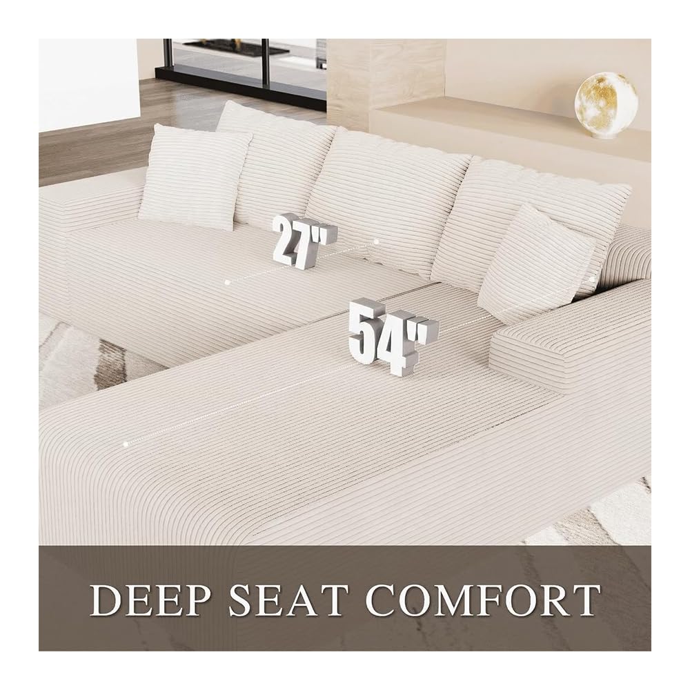 96" L Shaped Modular Sectional Sofa, Boneless Cloud Couch with Deep Seat Chaise, Compressed Memory Foam Corduroy Sofa, No Assembly, 3 Seater Couch for Living Room, Apartment, Bedroom, Beige